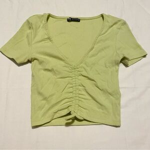 Zara Drawstring Scrunched V-Neck Cropped Ribbed T-Shirt Small